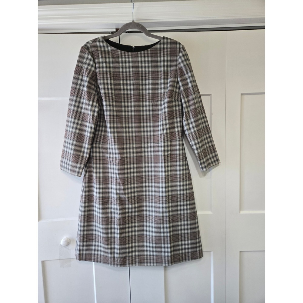 Theory Womens Glen Plaid Shift Dress Grey Brown Check 3/4 Sleeve Size 12